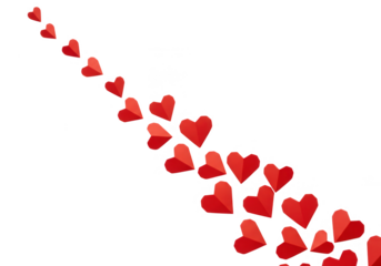 A trail of red paper hearts flies across a white background, isolated on transparent background, symbolizing love and affection