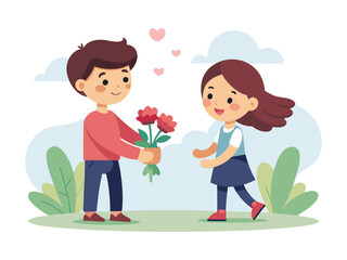 Boy giving a bouquet of red flowers to a happy girl with hearts floating above them
