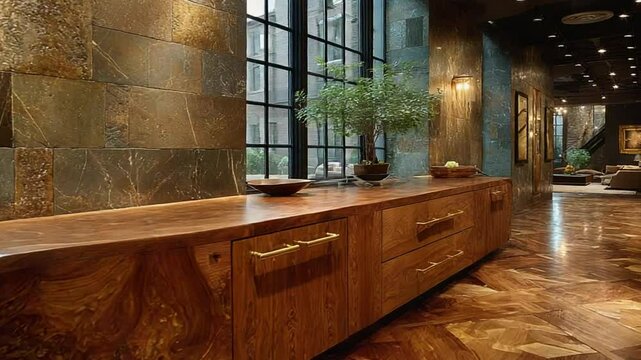 Elegant Interior: Wooden Cabinet, Stone Walls, and Polished Floors Create a Luxurious Space