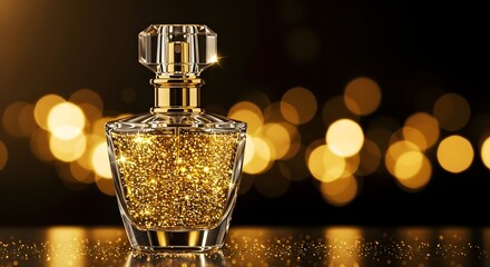 Golden perfume bottle with glittering details against a dark background Golden sparkling perfume bottle with an elegant faceted glass design set against a blurred warm bokeh background, ideal for luxu