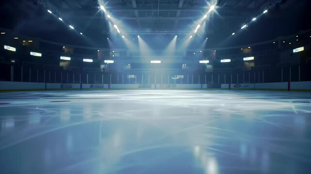 Cinematic empty ice rink with shifting spotlights, drifting mist, and shimmering reflections