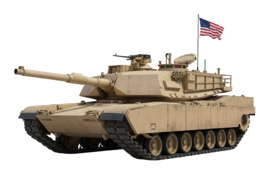 A powerful military tank with an american flag, isolated on transparent background