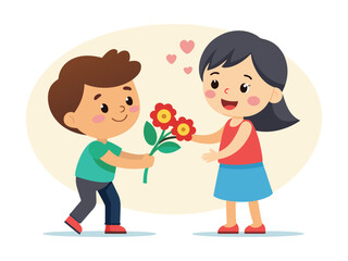 Young boy happily giving a bouquet of red flowers to a smiling girl with hearts floating
