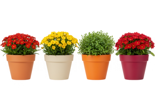 Four potted plants with red, yellow, and green foliage are isolated on transparent background, creating a cheerful and colorful collection