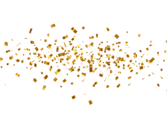 Golden confetti and stars float across a transparent background, creating a festive and joyful celebration scene