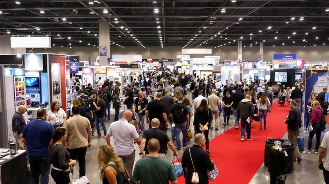 Crowd of people walking at an exhibition, exploring new brands and companies, and experiencing the vibrant atmosphere of this business event