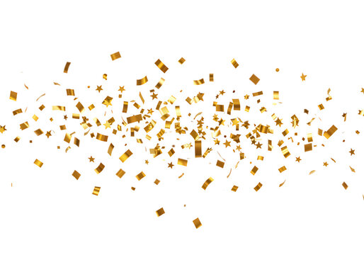 Golden confetti and stars float across a transparent background, creating a festive and joyful celebration scene