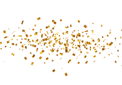 Golden confetti and stars float across a transparent background, creating a festive and joyful celebration scene
