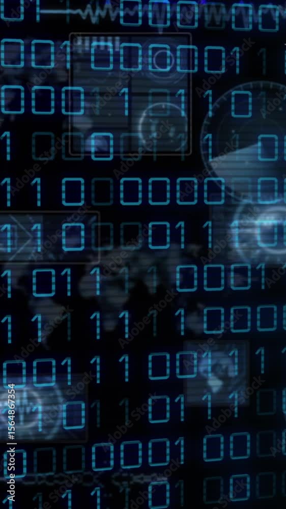 Poster animation of binary codes, radars, maps, globes and computer language over black background