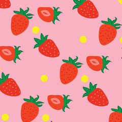Seamless vector pattern featuring strawberries and green leaves, ideal for fashion and fabric printing.