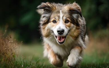Fluffy dog running towards camera in a lush green park surrounded by vibrant grass and nature
