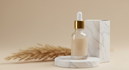 Sophisticated cosmetic bottle and box, styled with natural elements for advertising