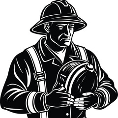 Title: Firefighter in Protective Gear Holding Helmet