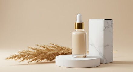 Luxury cosmetic dropper bottle and marble box with natural pampas grass on beige background