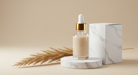 Elegant skincare serum bottle with gold accents, displayed in a minimalist setting