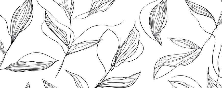 Fototapeta Seamless monochrome pattern featuring delicate one line drawings of leaves on a white background, forming a minimalist botanical and natural vector design