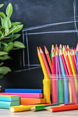 Bright School Supplies Chalkboard Classroom Scene