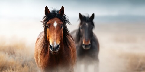 Fototapeta premium Two horses in a misty landscape during early morning hours