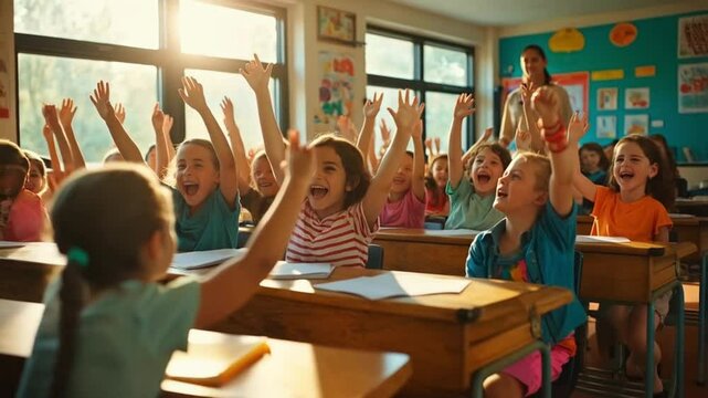 Enthusiastic Students Engage in Learning Inside Bright, Colorful Classroom Setting