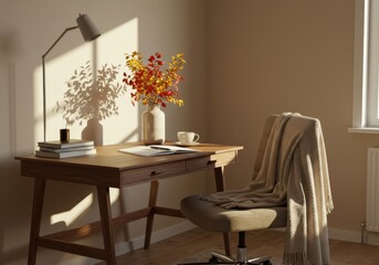 Cozy home office setup with desk, chair, and flowers in sunlight  