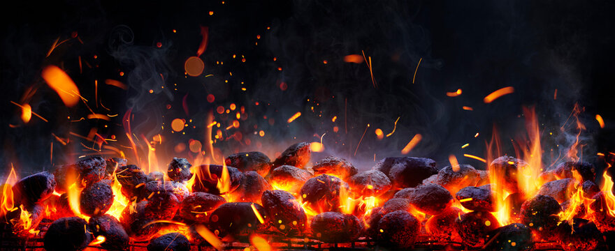 Barbecue Grill - Charcoal In Briquettes - Bbq - Fire And flames In Black With Abstract Sparks