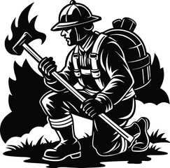 A firefighter kneels in a smoky forest, raising an axe as flames surge around