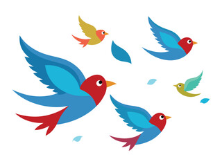 A flock of stylized birds in flight with blue and teal wings and red heads
