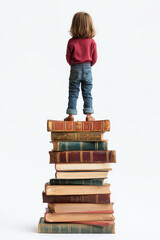 Child Standing on Books Representing Growth Learning