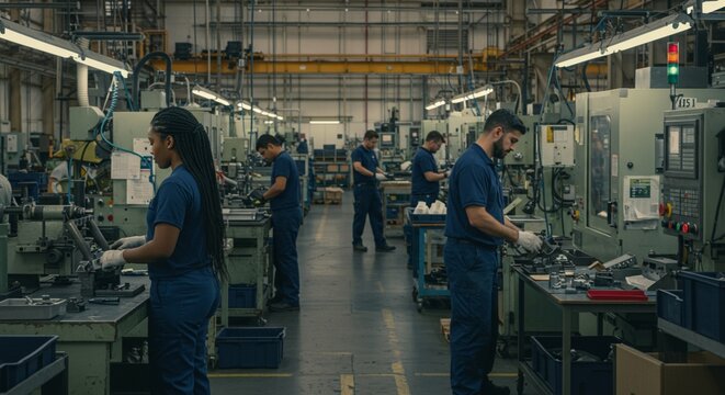 A group of workers on a factory floor, busy with their tasks