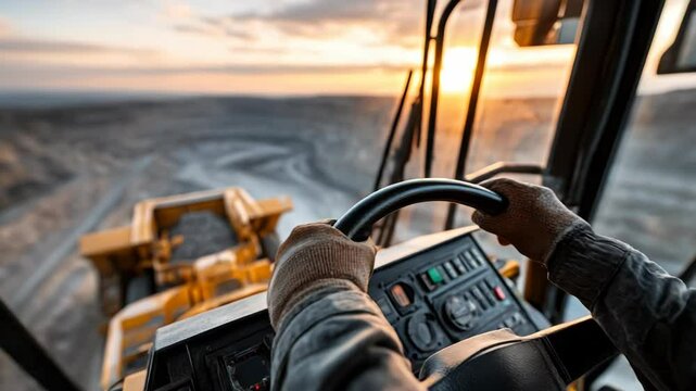 Heavy equipment operator driving bulldozer and large mining truck open pit mining site sunset with gloves and control panel