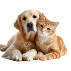 Obraz premium Golden retriever dog and orange tabby cat friends together isolated on transparent background