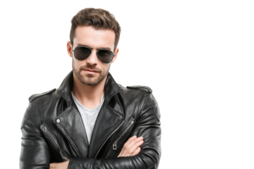 stylish man with sunglasses wearing  black leather jacket isolated on white background