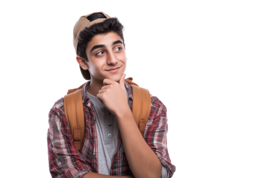  contemplative young man with backpack isolated on white background