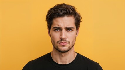 Fototapeta premium Unhappy man on yellow background reflects customer dissatisfaction