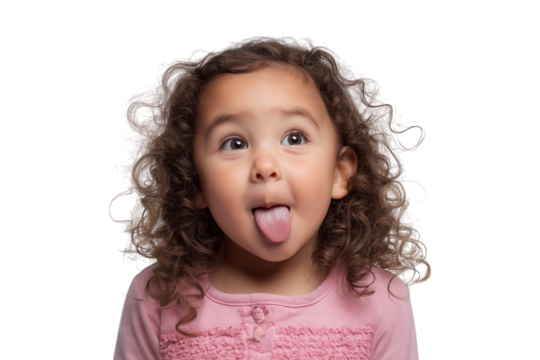 young child playfully sticking out her tongue isolated on white background