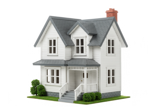 A charming white and gray miniature model house with a gray roof, isolated on transparent background