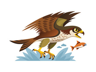 Cartoon hawk swooping down to catch a fish in the water isolated on white background
