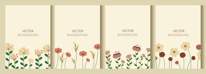 A set of backgrounds with simple flowers. A poster or cover in soft, warm colors. A vector for flyers, postcards, design, social media, and advertising.
