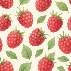 Intricate design features a repeating pattern of ripe raspberries and green leaves set against a soft, neutral background. The balance of colors and shapes brings a fresh, lively aesthetic perfect for