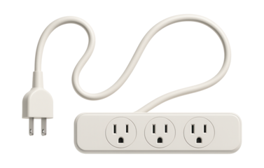 Un-grounded extension cord with a flat plug design, ideal for fitting behind furniture in a small apartment.