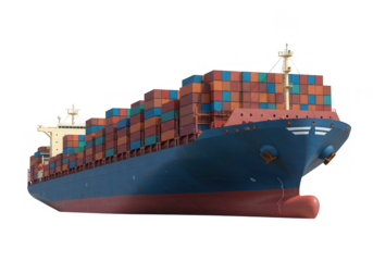 A large container ship carrying numerous cargo containers is isolated on transparent background