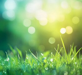 Obraz premium Beautiful blurred spring background with green grass and a bokeh light effect, close-up.
