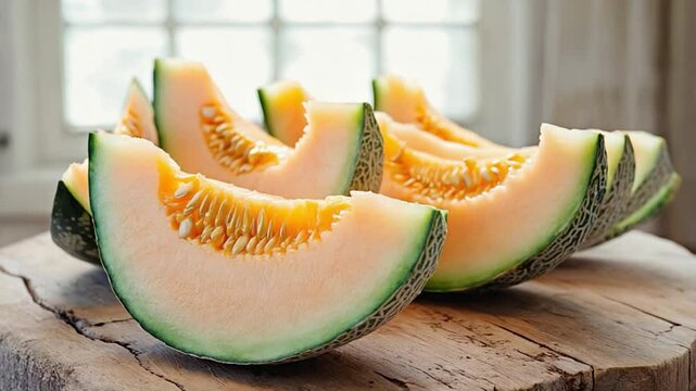 Fresh cantaloupe slices on wooden surface