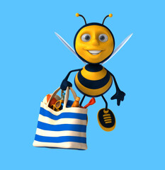 Fun 3D cartoon bee with a beach bag