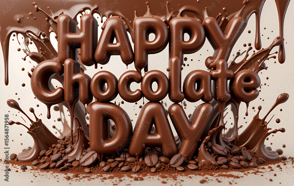 Fototapete happy chocolate day text with chocolate splash and coffee beans on a bright background design elemen