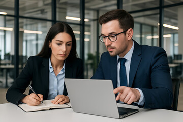 Obraz premium Corporate team meeting: manager guiding employee with laptop in modern office.