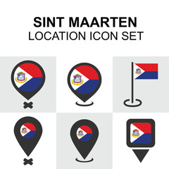 Geolocation icons with the flag and identity of Sint Maarten for Caribbean-themed projects.