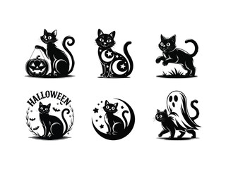 Fototapeta premium Black cats and Halloween motifs pumpkin ghost