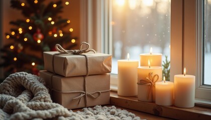 Cozy Christmas Gifts and Candles on Windowsill with Holiday Tree in Background