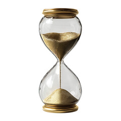 High quality photo of elegant gold hourglass with shimmering sand flowing isolated on transparent background.